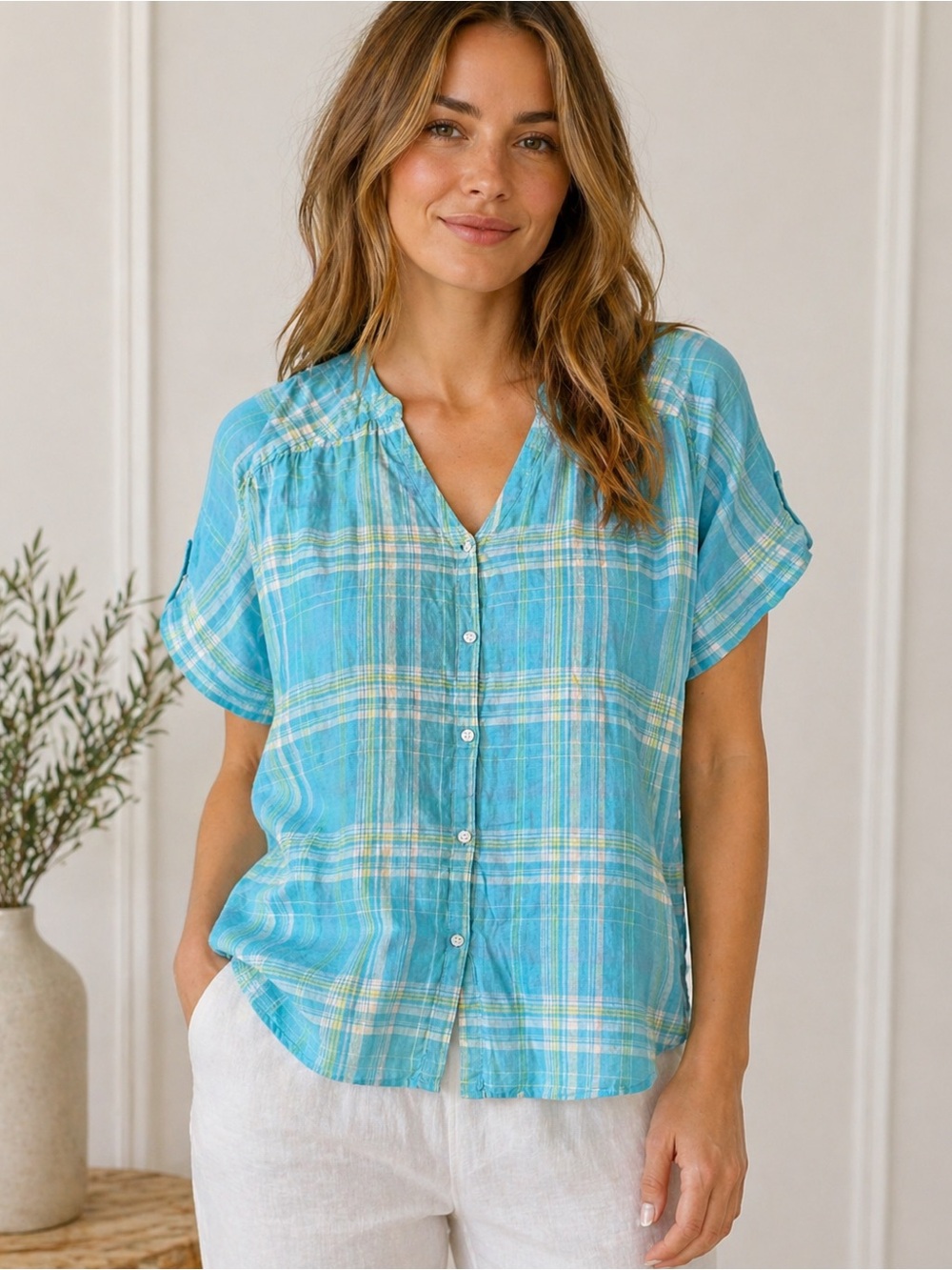 J. Jill 100% Linen Aqua Plaid Button Front Blouse Relaxed Fit Coastal Resort 4XL